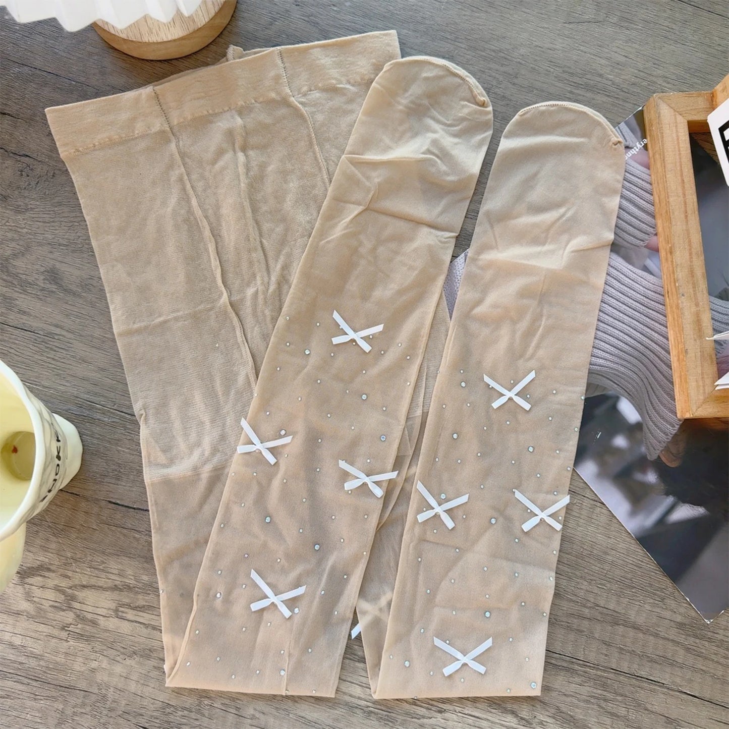 New Lolita Velvet Bowkont Embroidery Pearl Tights Pantyhose Flash Diamond Women Tight JK Style Sweet Girls Kawaii Cute Stockings