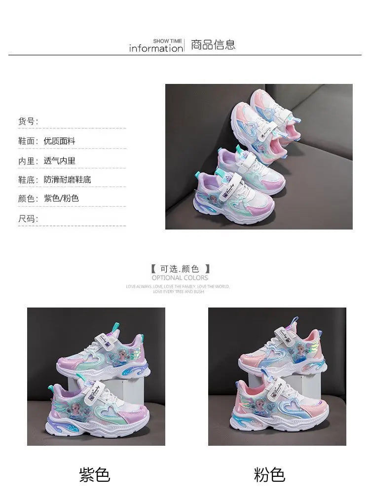 Disney Girls' Casual Shoes Frozen Priness Elsa Sneakers Mesh Leather White Breathable Sole Children's Sport Shoes Size 26-37.