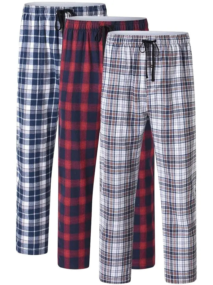 3Pcs Men's 100% Cotton Plaid Pajama Sleeping Pants, Long Plaid Print Sleepwear Pajama Pants with Elastic Waist Homewear