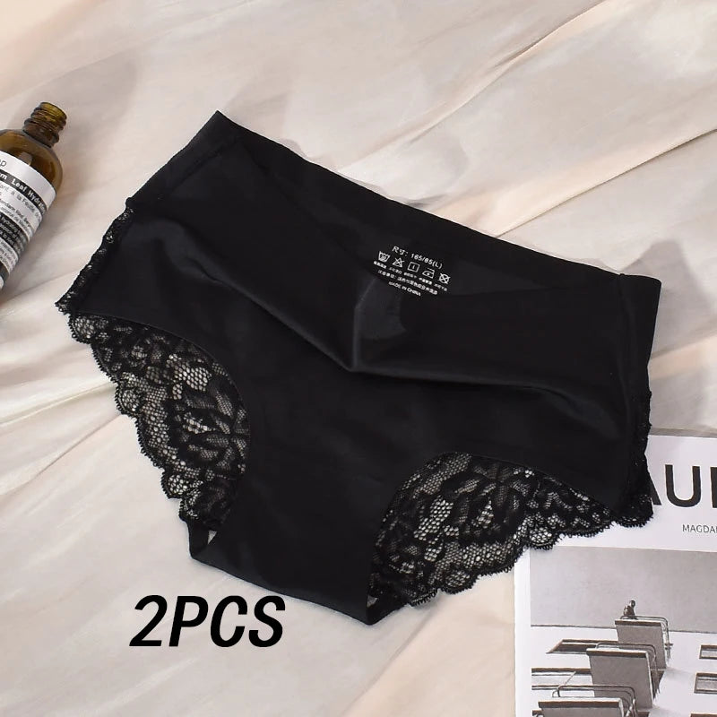 2 Articles Ice Silk Panties Female Mid-waist Non-marking Lace Cotton Crotch Skin-friendly Large Size Breathable Ultra-thin Young.