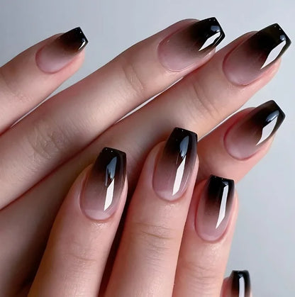 24pcs Black Gradients Long Paragraph Fashion Manicure Patch Reusable Adhesive False Nails Almond Fake Nails Press On Stiletto.