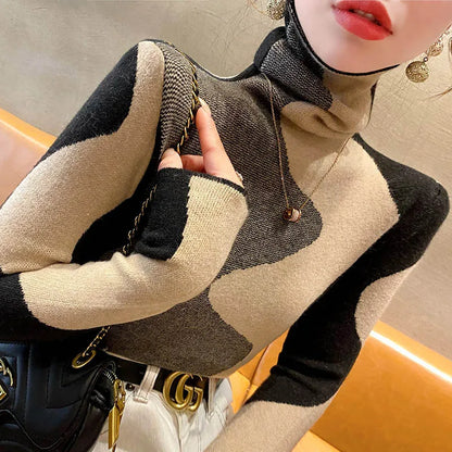 Women Clothing Vintage Fashion Slim Turtleneck Sweaters Autumn Winter Elegant Chic Patchwork Knit Pullovers Office Lady Tops