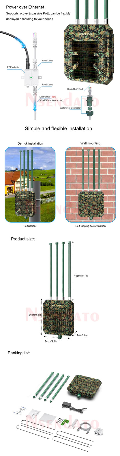 Wavlink AX3000 Outdoor WiFi 6 Mesh Router/AP/Repeater Adapter Dual Band 2.4G+5G Wifi Long Range Extender with 4x8dBi Antennas.