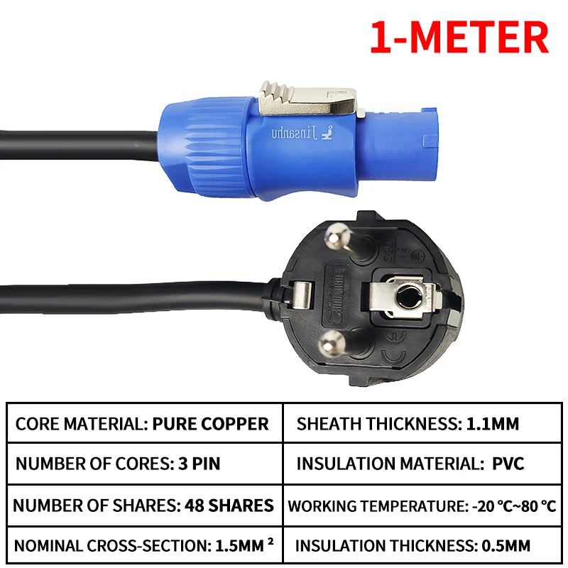 European Schuko Power Extension Cable, 3x1.5mm² for Stage Lighting, LED Beam Lights & Audio Equipment.