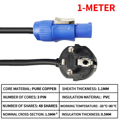 European Schuko Power Extension Cable, 3x1.5mm² for Stage Lighting, LED Beam Lights & Audio Equipment.