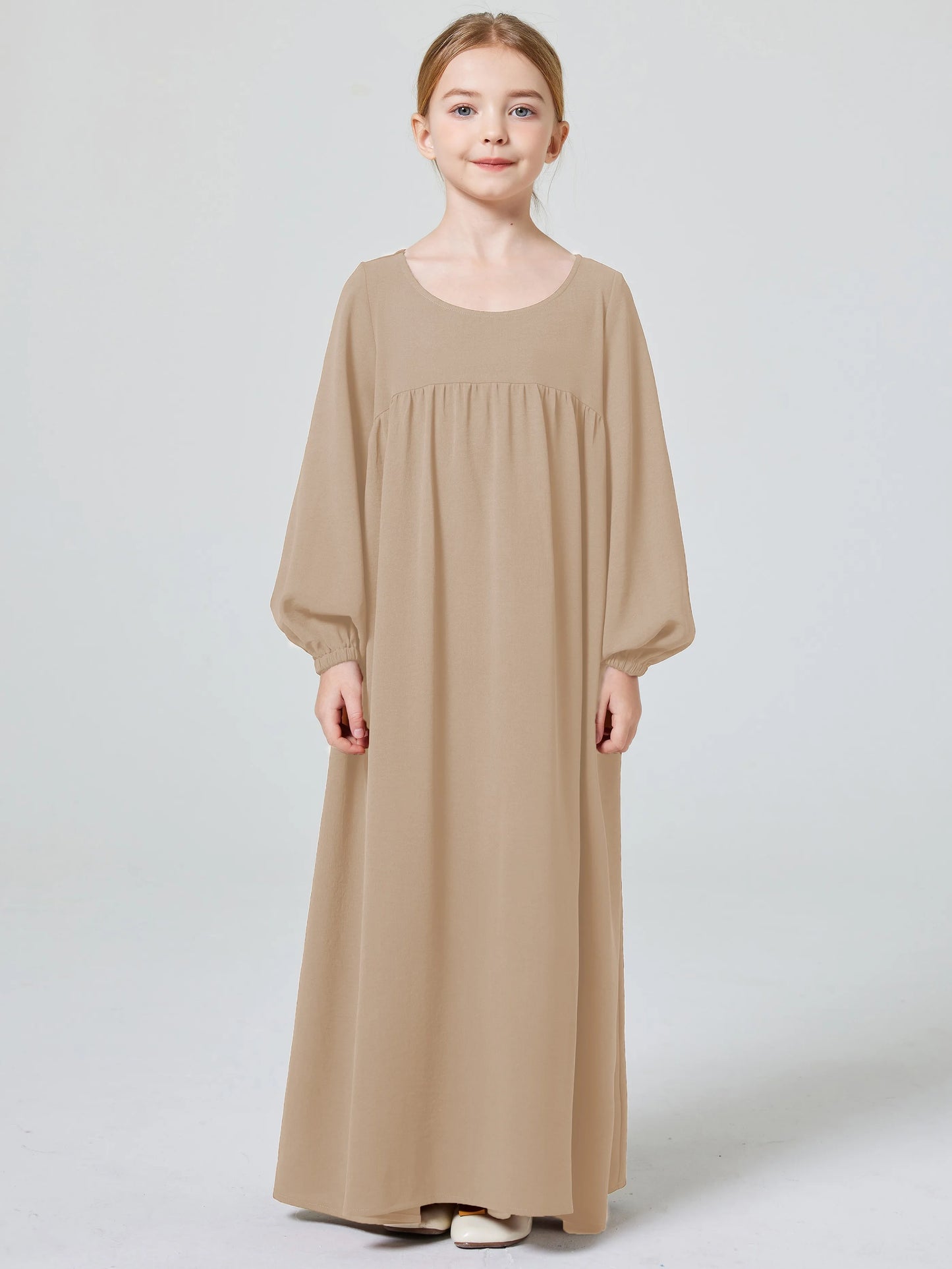 Kids Abaya Ramadan Muslim Dubai Elegant Girl's Solid Crew Neck Long Sleeve Kaftan Kebaya Dress For Party Pray Gift.