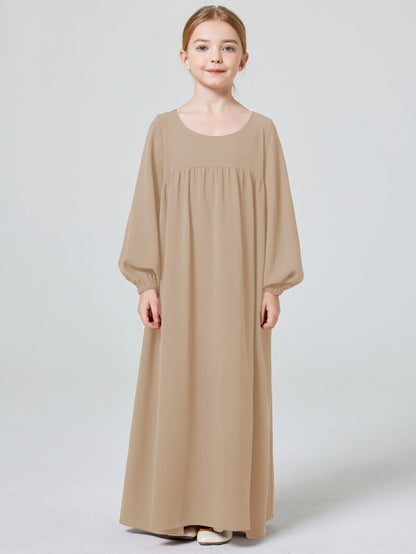Kids Abaya Ramadan Muslim Dubai Elegant Girl's Solid Crew Neck Long Sleeve Kaftan Kebaya Dress For Party Pray Gift.
