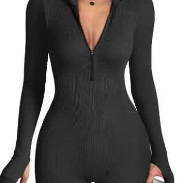 High Elasticity Yoga Suit Women's Thumb-Closed Bodysuit Zipper Tight Exercise Fitness Clothing Nylon Material Chinese Origin.