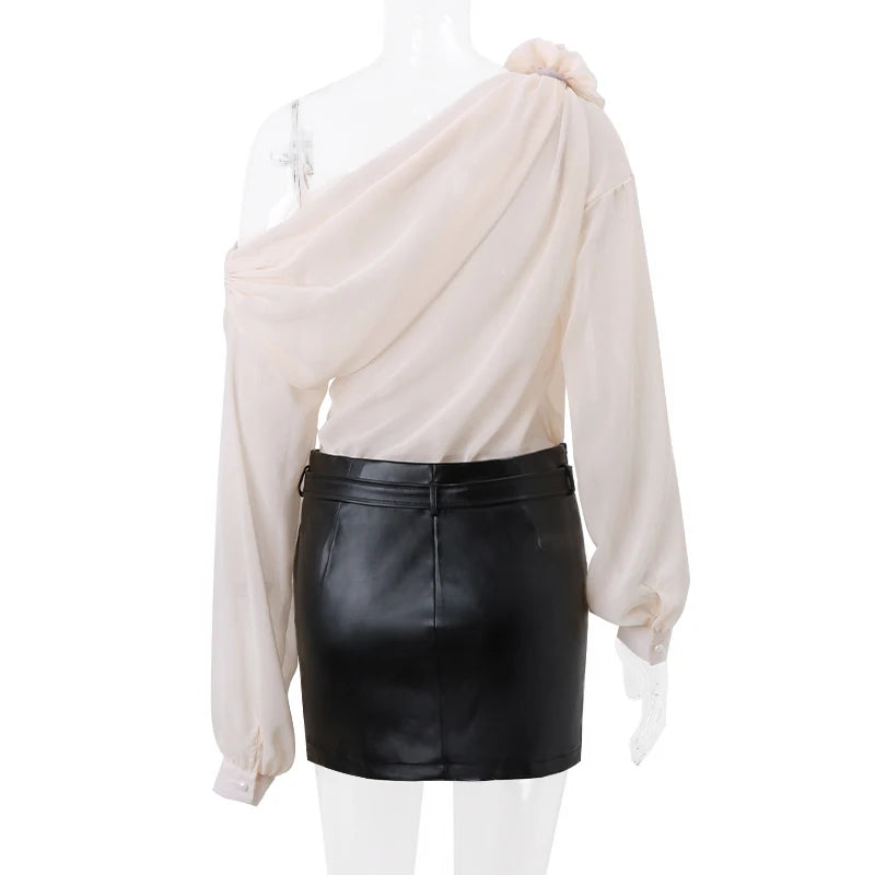 WhereMery Sexy Irregular Oblique-neck Flower Applique T Shirt Summer Off Shoulder Fashion Long Sleeve Crop Tops Street Mesh Tees