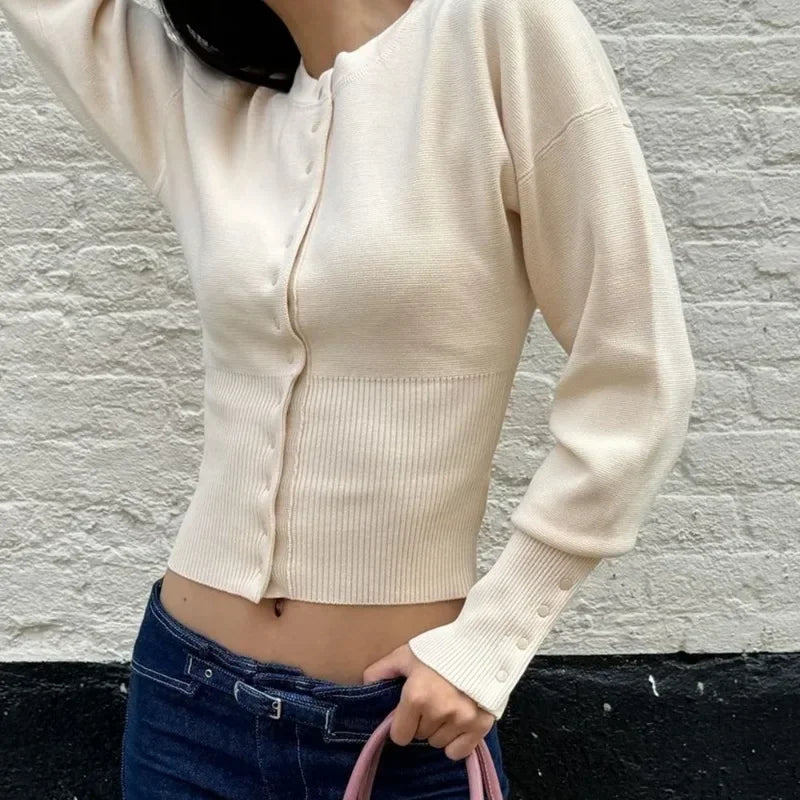 Women's High Waist Round Neck Single Breasted Cardigan Solid Long Sleeve Short Sweater Top Autumn Slim Bottoming Shirt.