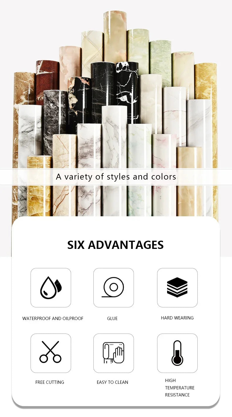 20M Marble Texture Oil Proof Self Adhesive Bathroom Tile Floor Waterproof PVC Cabinet Wallpaper Kitchen Furniture Wall Stickers
