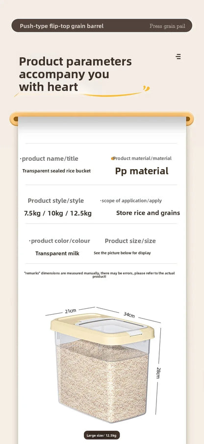 Food Grade Press to Open Seal Moisture Proof Insect Resistant Large Capacity Grain Storage Box Home Use Rice Tub for Grains.