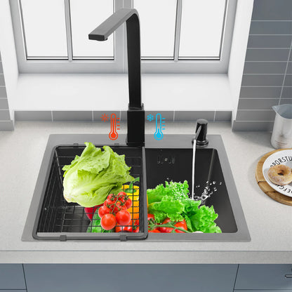 Schwarzes Küchenspülbecken-Set, Spüle aus Edelstahl 30 mit großem Fassungsvermögen und drehbarem Wasserhahn, Keramik-Ventilkern, geruchsfestes Spülbecken