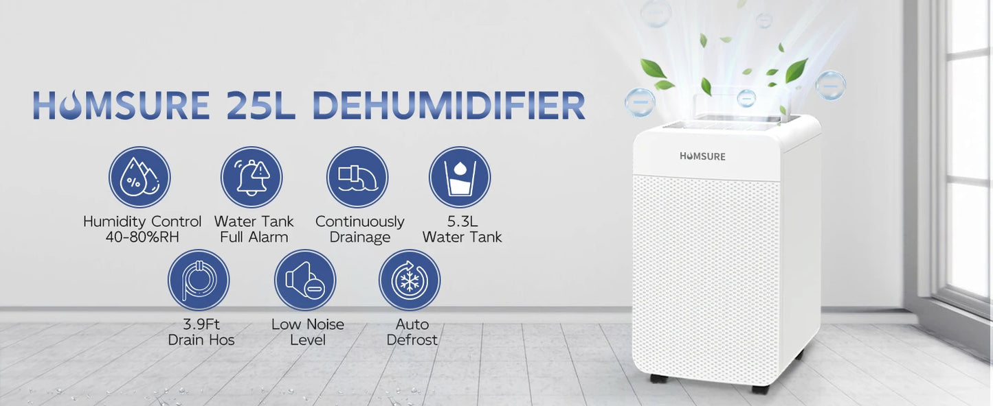 HUMSURE Electric Dehumidifier 25L/24H, Dehumidifier Basement Rooms with 5.5 Litre Water Tank, Timer, Automatic Defrosting.