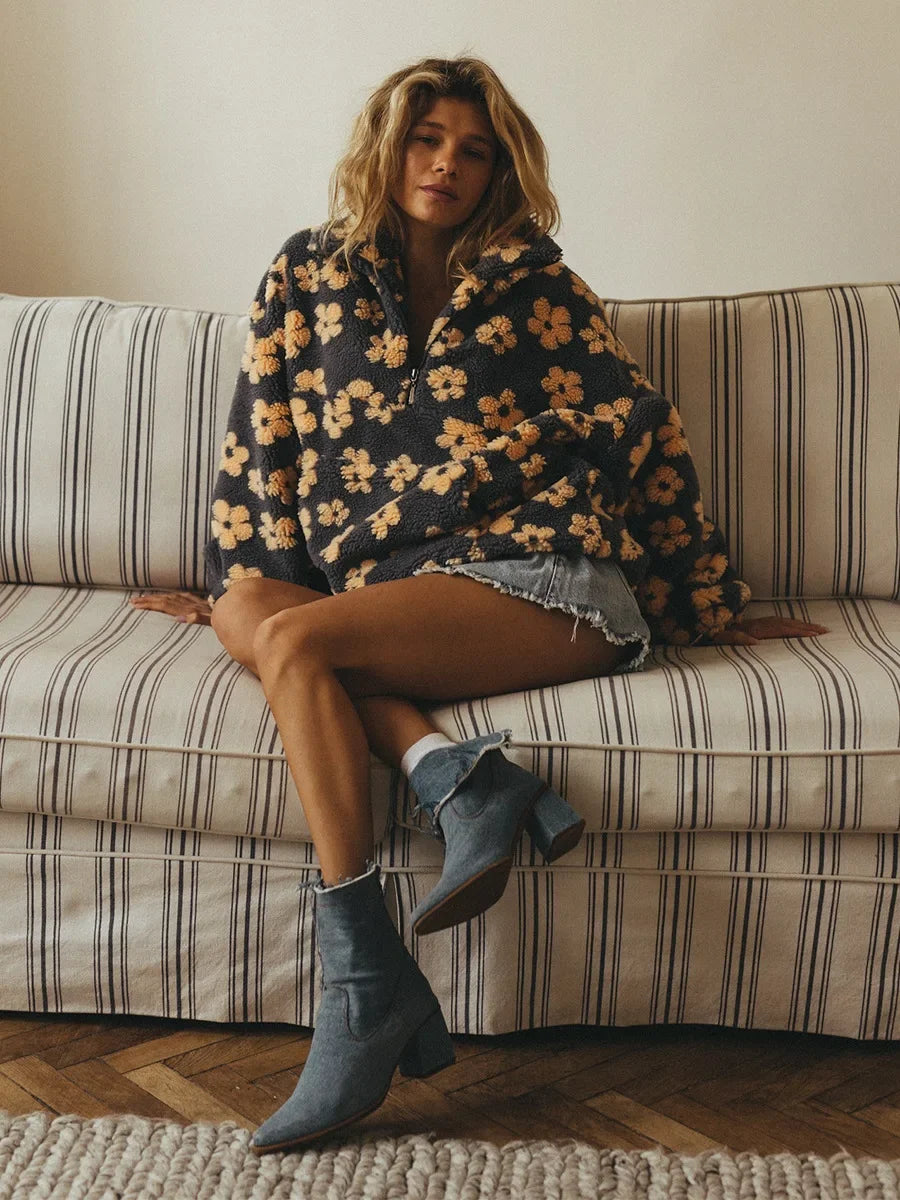 Sumuyoo Autumn Winter Women's Sherpa Floral Pullover Hoodies Half Zip Style Loose Fit Warm Stylish New Sweatshirt.