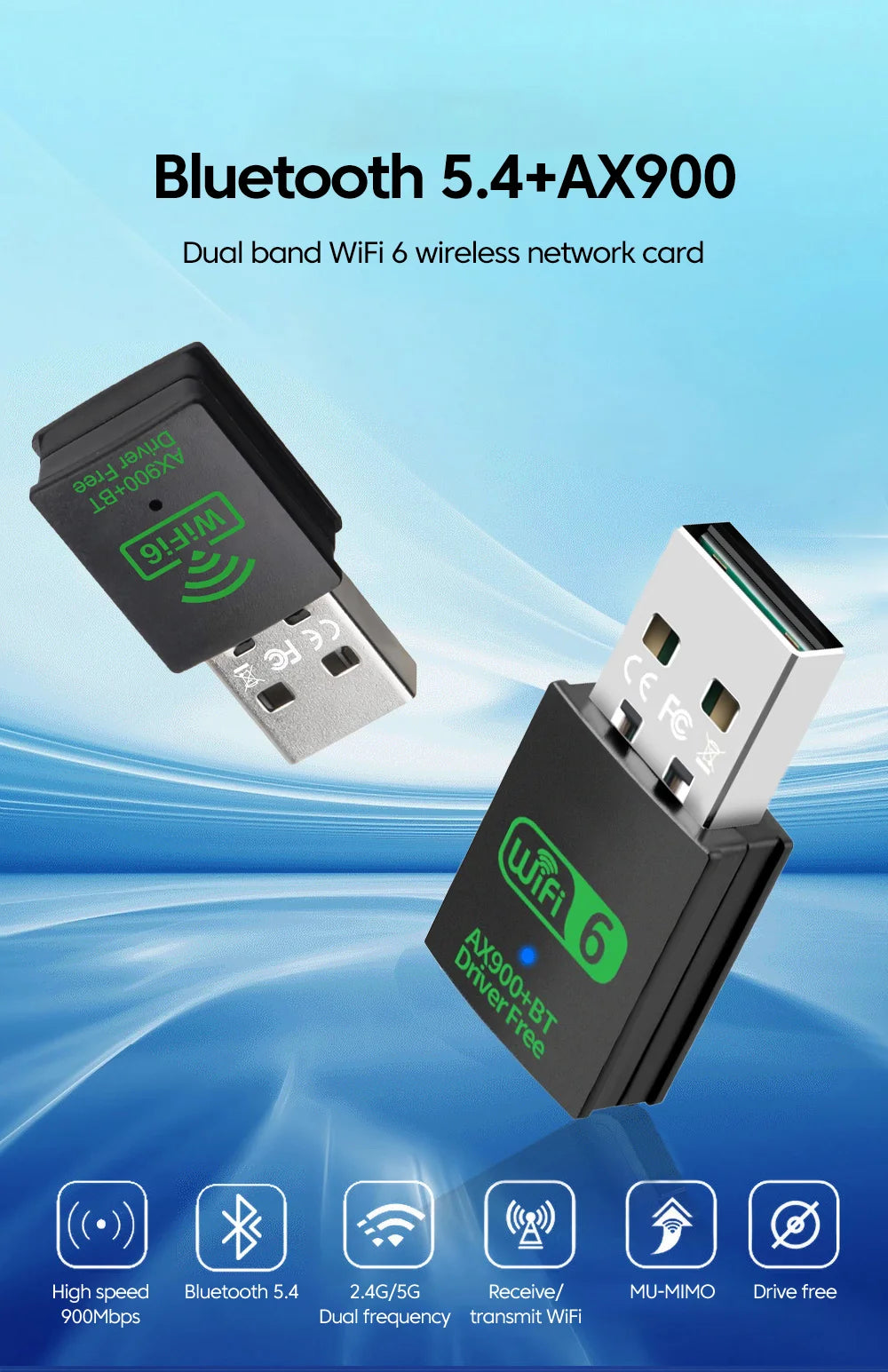 WiFi 6 Wireless Lan Card Driver Free USB Wifi Adapter Dual Band 2.4G/5GHz Wifi Card Bluetooth 5.4 Wifi Antenna For PC Laptop.