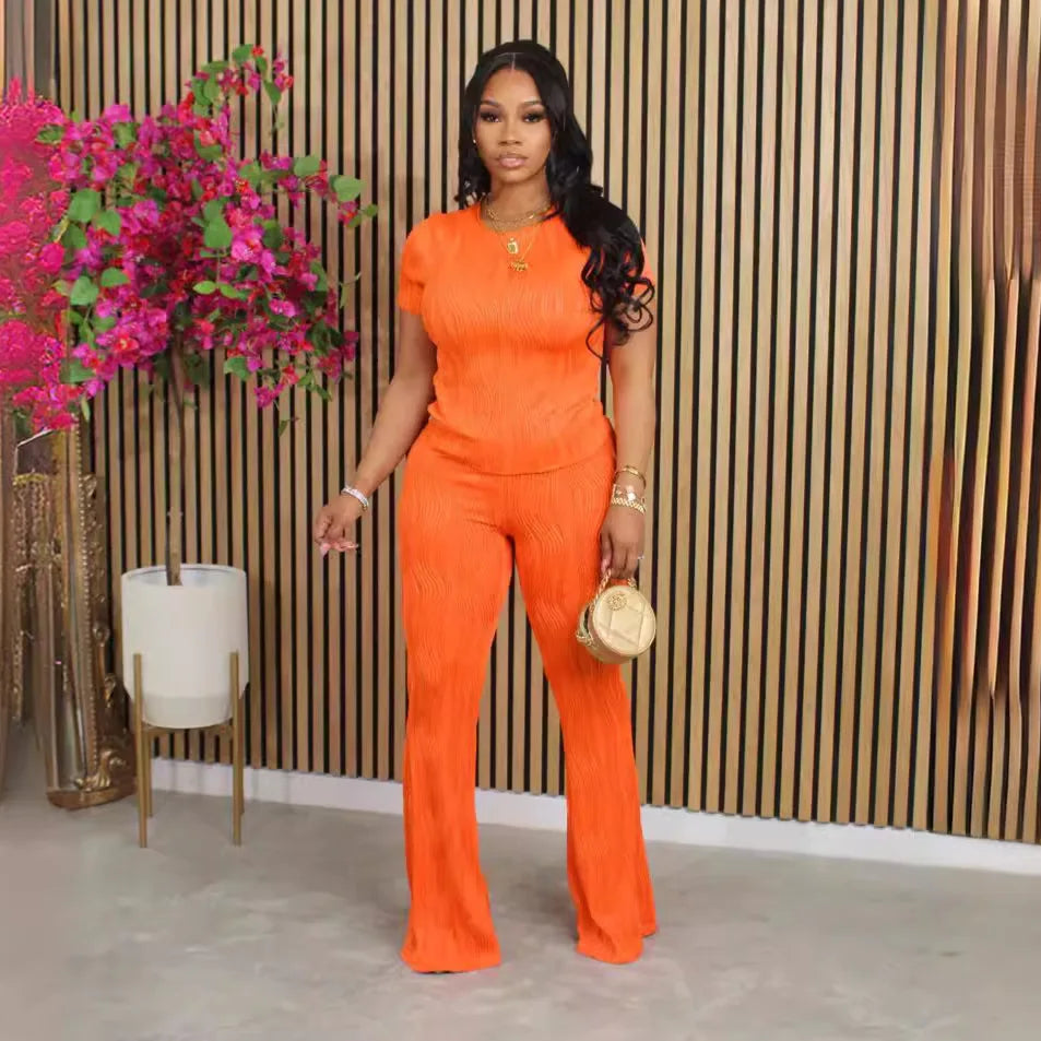 Two Piece Sets Women Pants Set Matching Sets Short Sleeve Solid Casual Tops Long Pants High Waist Bodycon Y2k Streetwear 2025.