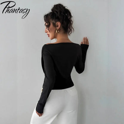 Phantasy New Solid Color Top Fashion Slant Shoulder Collar Shoulder Slimming Long Sleeve Commuter Top Vestido Elegant Tops.
