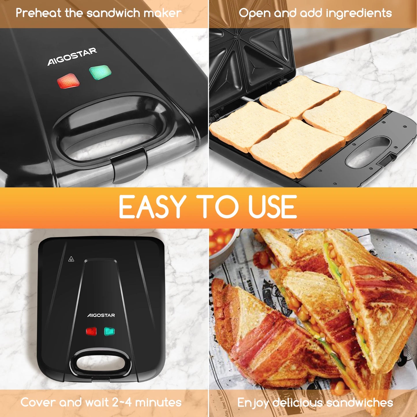 Aigostar Sandwich Maker XXL for 4 Sandwiches, 1400 W, Sandwich Toaster with Non-Stick Coating, Fast Heating, Temperature Control.