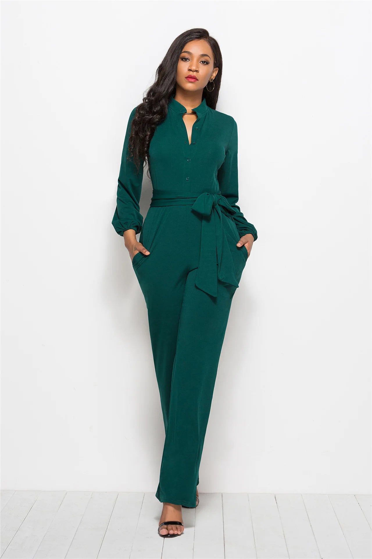 Temperament Solid Color Slim Jumpsuits Women Fashion Long Sleeve Buttons High Waist Leace-up Jumpsuit Ladies Commuting Clothing.
