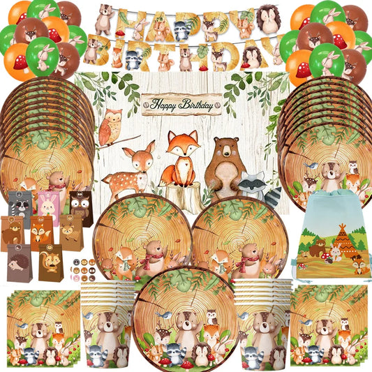 Woodland Tier Dschungel Wald DIY Party Dekoration Teller Tasse Tischdecke Geburtstag Party Baby Dusche Kinder Geburtstag Party Supplies.