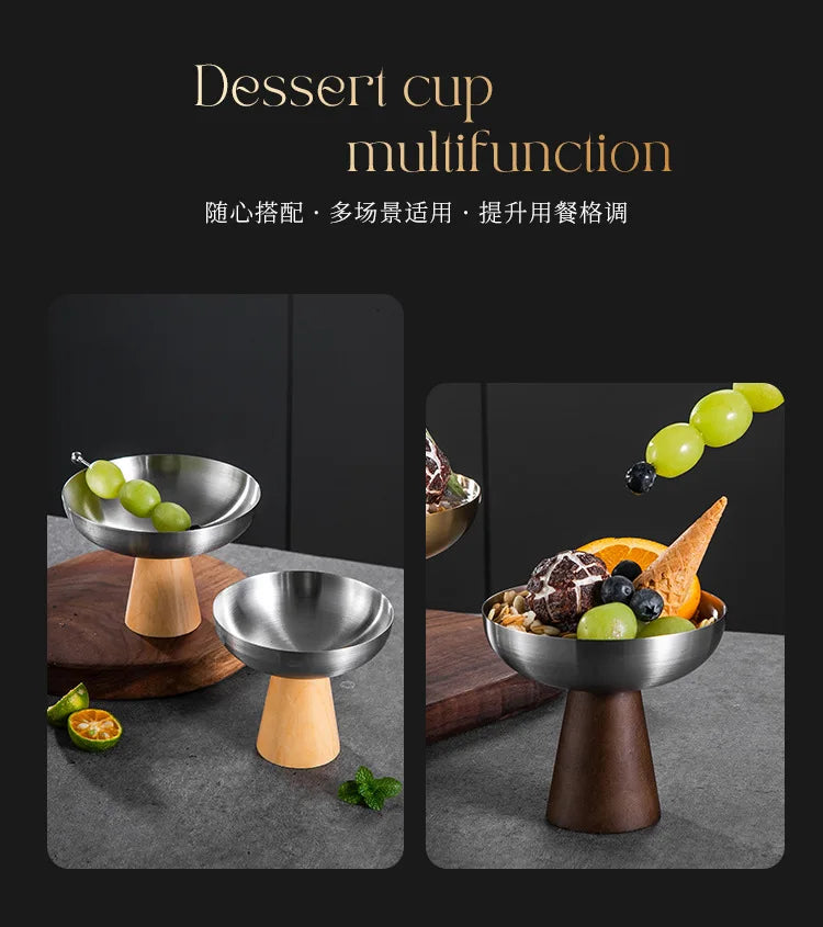 StainlessTea Tray Snack Tray Fruit Tray Salad Tray Steel Wooden Footed Cup High Foot Cup Ice Cream Cup Pudding Cup Dessert Plate.