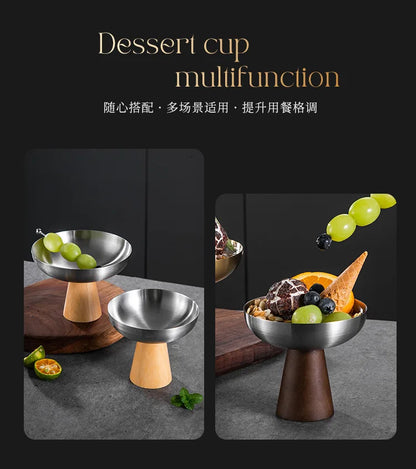 StainlessTea Tray Snack Tray Fruit Tray Salad Tray Steel Wooden Footed Cup High Foot Cup Ice Cream Cup Pudding Cup Dessert Plate.