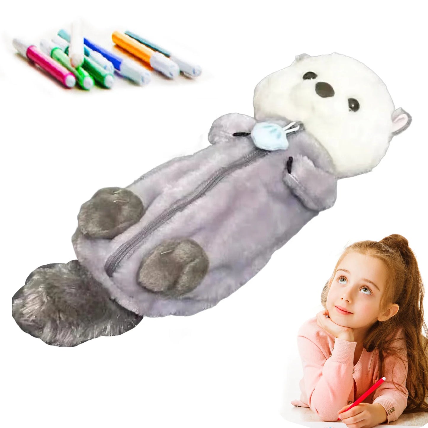 Creative Cute Sea Otter Shape Plush Pencil Bag 1PC Large Capacity INS Cartoon Pencil Case Velvet Pencil Case Student Stationery.