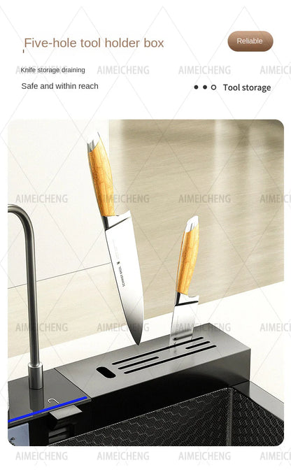 Heißer verkauf Edelstahl Wasserfall Küche Waschbecken Mit Messer Halter Digital Display Wasserhahn Set Geprägte Extra Große Einzigen Slot