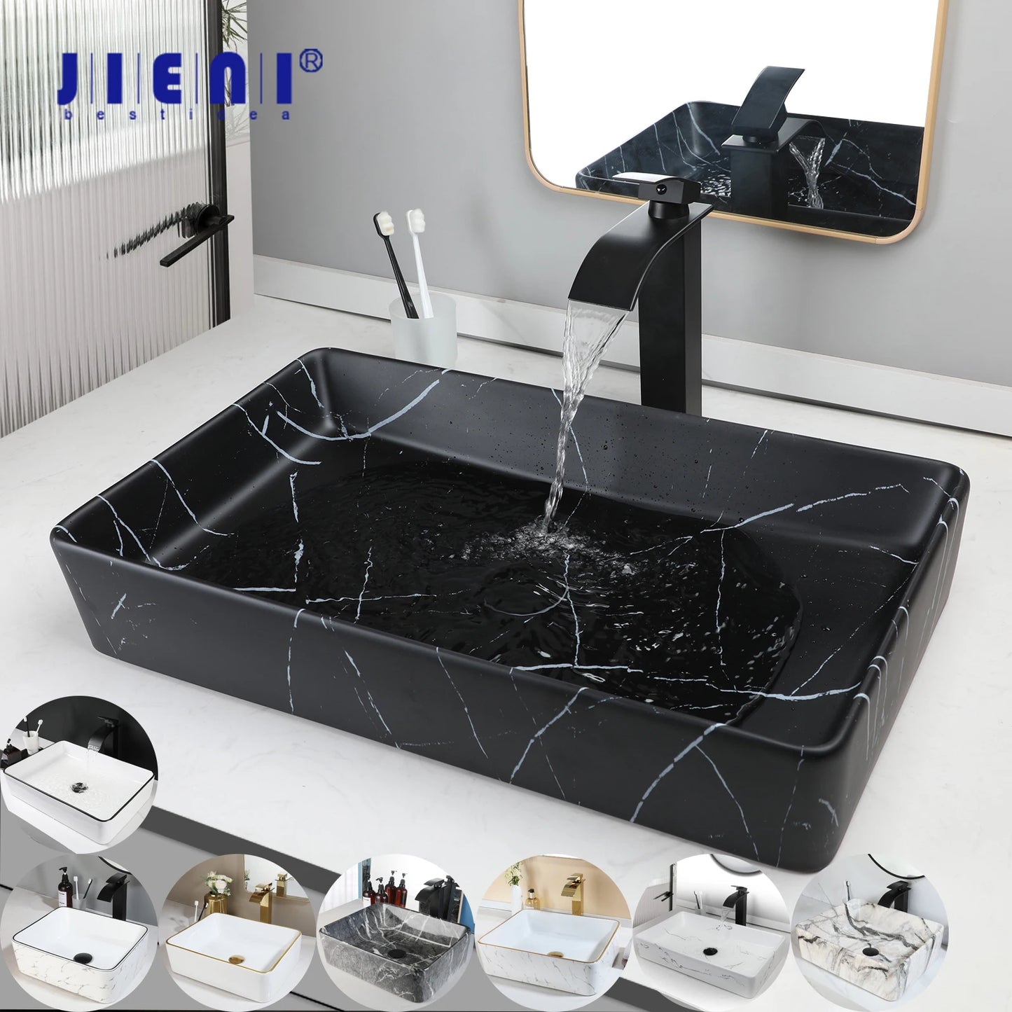 JIENI Keramik-Badezimmer-Waschbecken-Set, quadratisch, Porzellan, Arbeitsplatte, Waschbecken, Wasserhahn, Pop-Up-Abfluss, kombiniertes modernes Waschbecken-Set