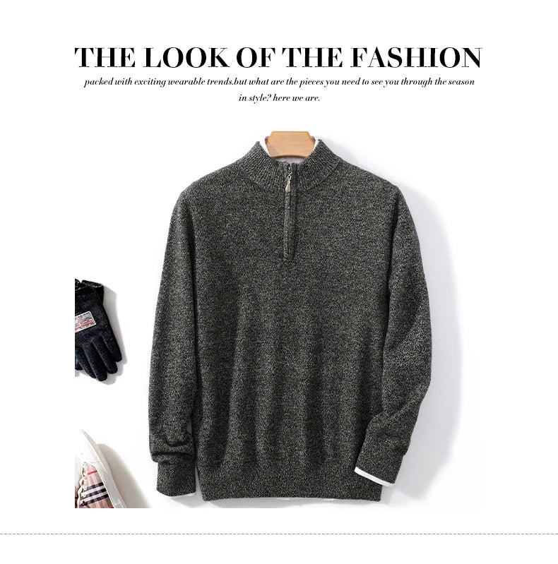 Autumn Winter Men's 100% Merino Wool Sweater Mock Collar Half Zip Knitted Pullover Cashmere Sweatshirt Casual Long Sleeved Tops