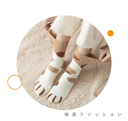 Women Socks Winter Warm Fluffy Socks Cute Animal Claw Cat Paw Footprint Fuzzy Socks Thicken Coral Fleece Home Floor Sleep Socks.