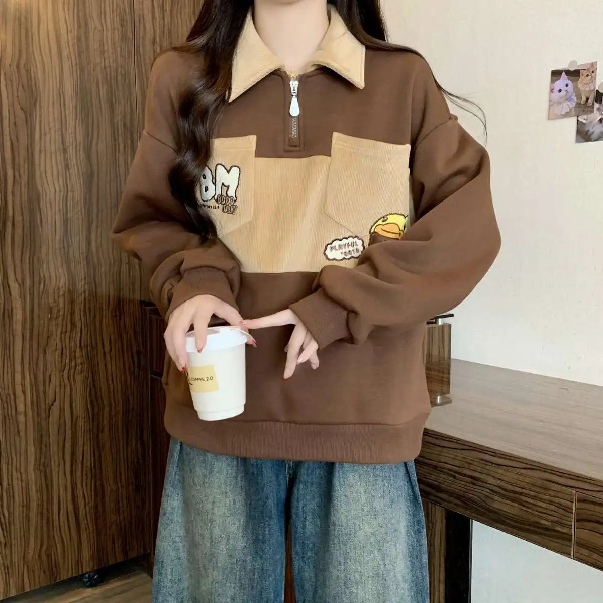 Oversized Autumn Winter Casual Printing Turn-down Collar Long Sleeve Sweatshirts Female Preppy Style Cartoon Loose T-Shirts Tops.