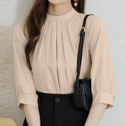 ZANZEA Fashion Stand Collar Blouse Woman 3/4 Sleeve Solid Color Tunic Tops Female Casual Loose Shirt Elegant Party Blusas Mujer.