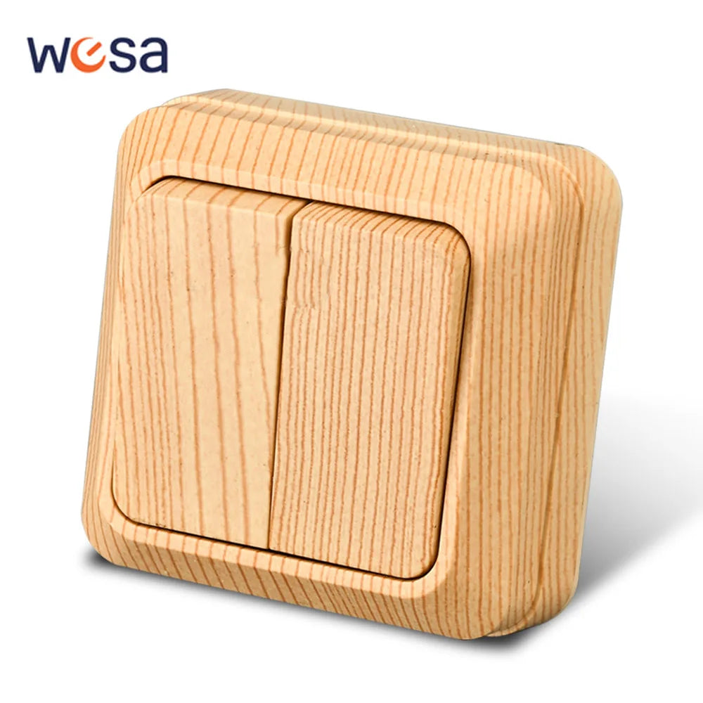 WESA Holz-Wandsteckdose, EU-Standard, Steckdose, Vintage-Imitation, Holzfarbe, Steckdose, flammhemmender Kunststoff.