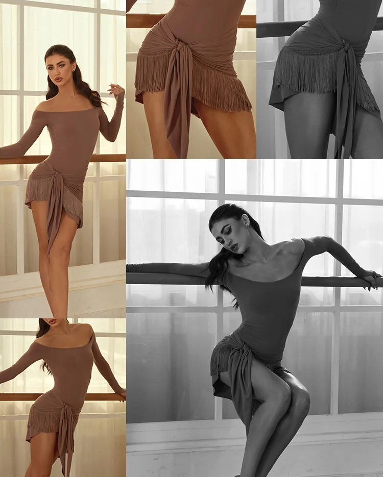 ZYM Off Shoulder Latin Dance Dress Women Long Sleeves Fringe Dress Adult Rumba Dance Practice Wear Performance Clothing DNV22221.
