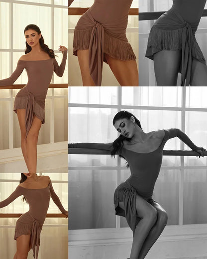 Off Shoulder Latin Dance Tops Fringe Skirt Women ZYM Latin Dance Clothes Competition Dress Club Rumba Samba Practice Wear V22221.