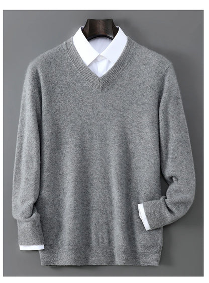 2025 Autumn Winter New Men's Wool Sweater Solid Color V-Neck Pullover Sweater Casual Loose Business Knit Plus Size Base Sweaters.