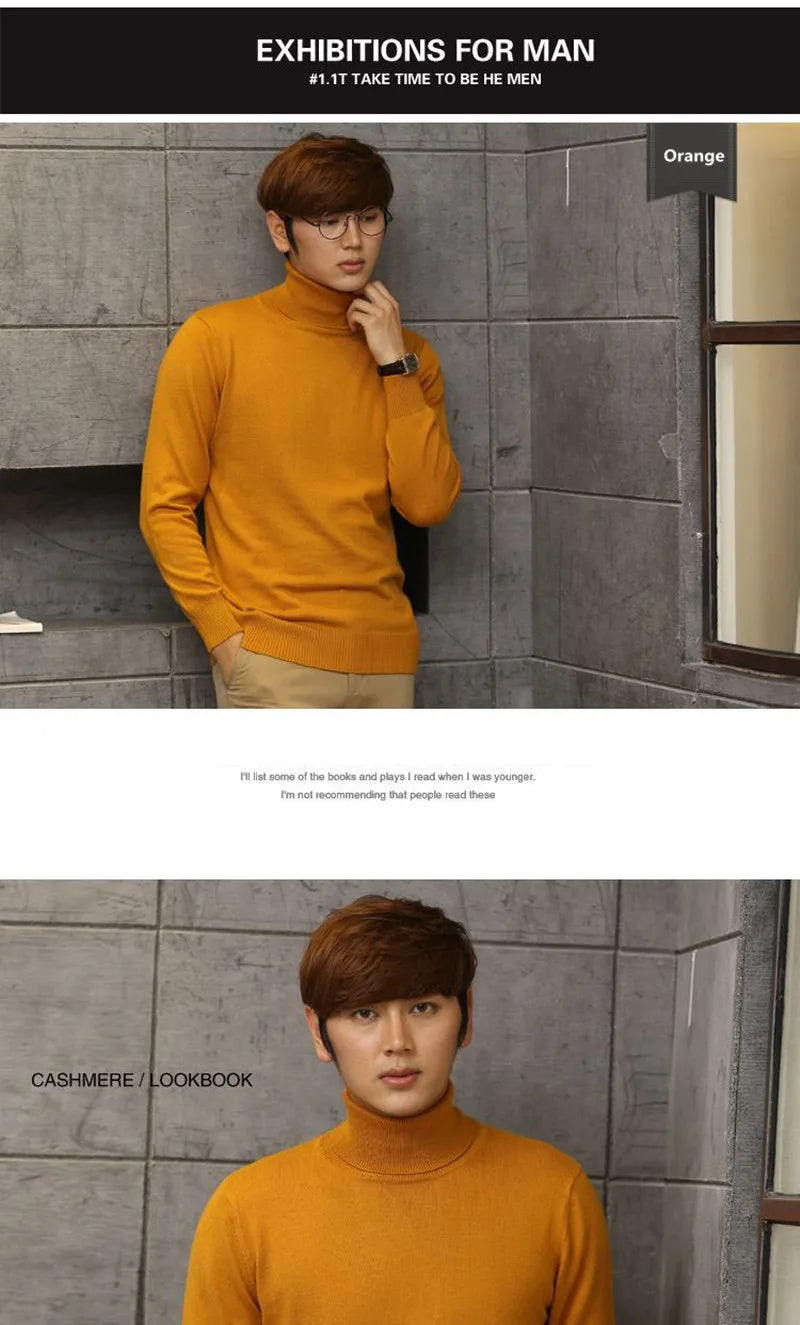 Cashmere Wool Solid Autumn Winter Men's Warm Turtleneck Knit Loose Long Sleeve Sweater Casual Comfortable Pullover Thick Sweater.