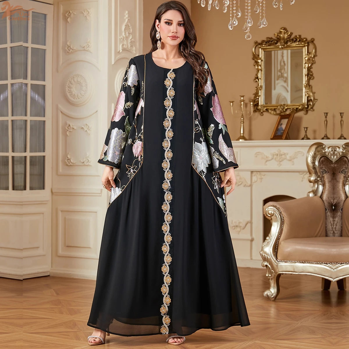Uni Muslim Embroidery Petal Sleeve Dresses Women's Jalabiya Ramadan Moroccan Dubai Fashion Kebaya Casual Loose Abayas 2025.