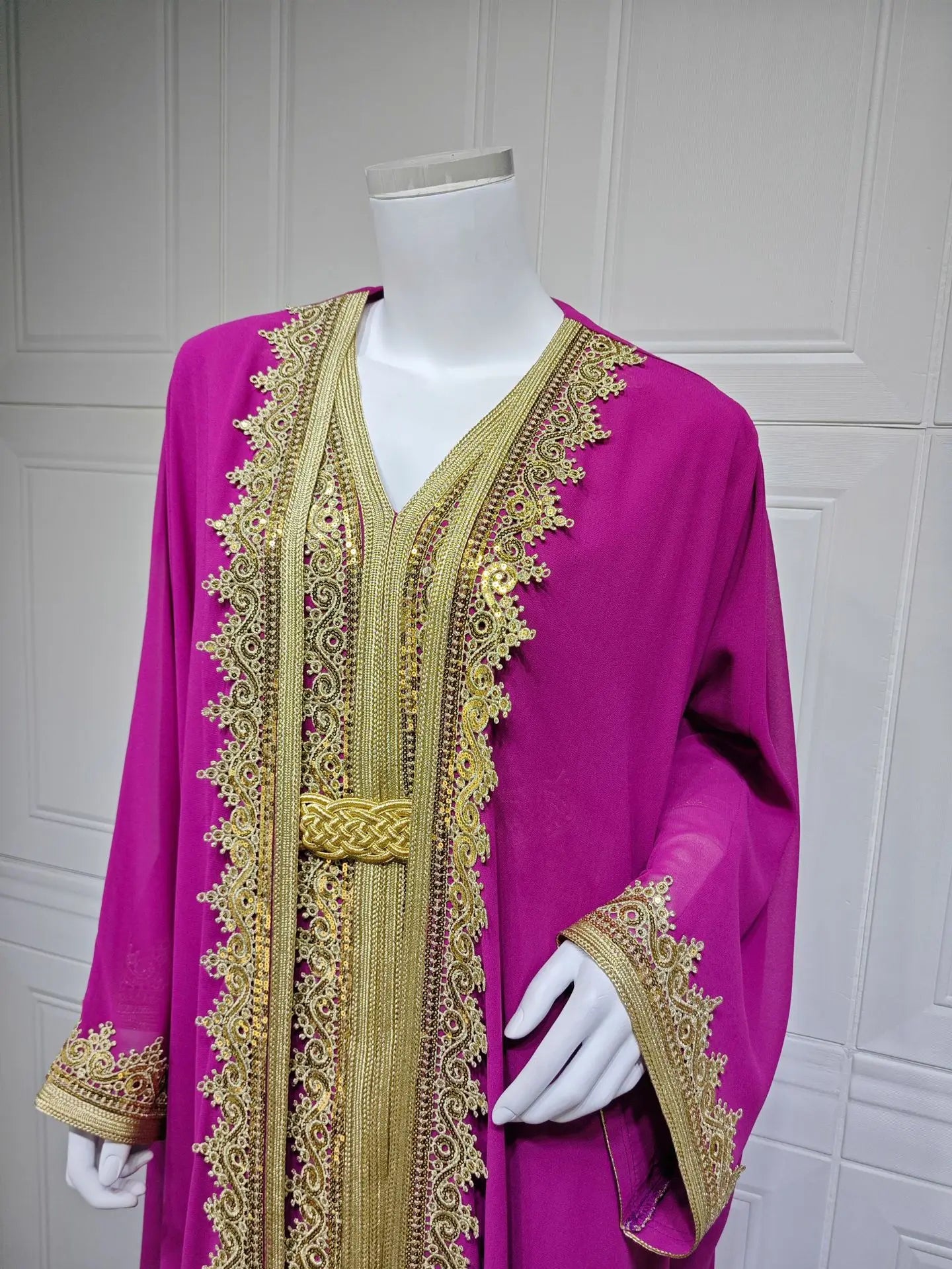 Eid Frauen Abaya Kleid Muslim 2-teiliges Set Strickjacke mit Innenkleid Schnürmantel Kaftan Robe Jalabiya Ramadan Marokko Kaftan 2025