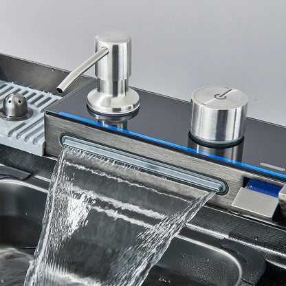 Stainless Steel Kitchen Sink with Hot Cold Pull Out Kitchen Sink Faucets Digital Large Single Bowl Waterfall Rain Kitchen Sinks