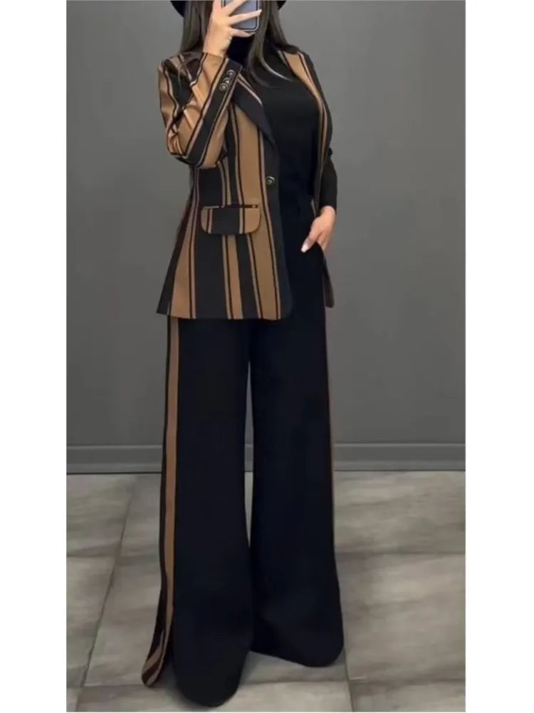 Women Striped Print Suits+pants Two Piece Sets Autumn Winter Casual Wide Leg Pants Sets Office Ladies Elegant Coats Outfits.