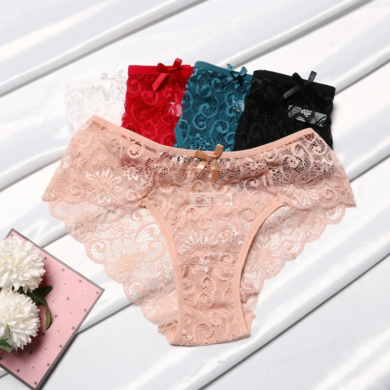 Fashion Sexy Panties Comfortable Briefs Exquisite Crotchless Shorts Solid Lingerie Lace Bow Thong Hollow Out Women Underwear.