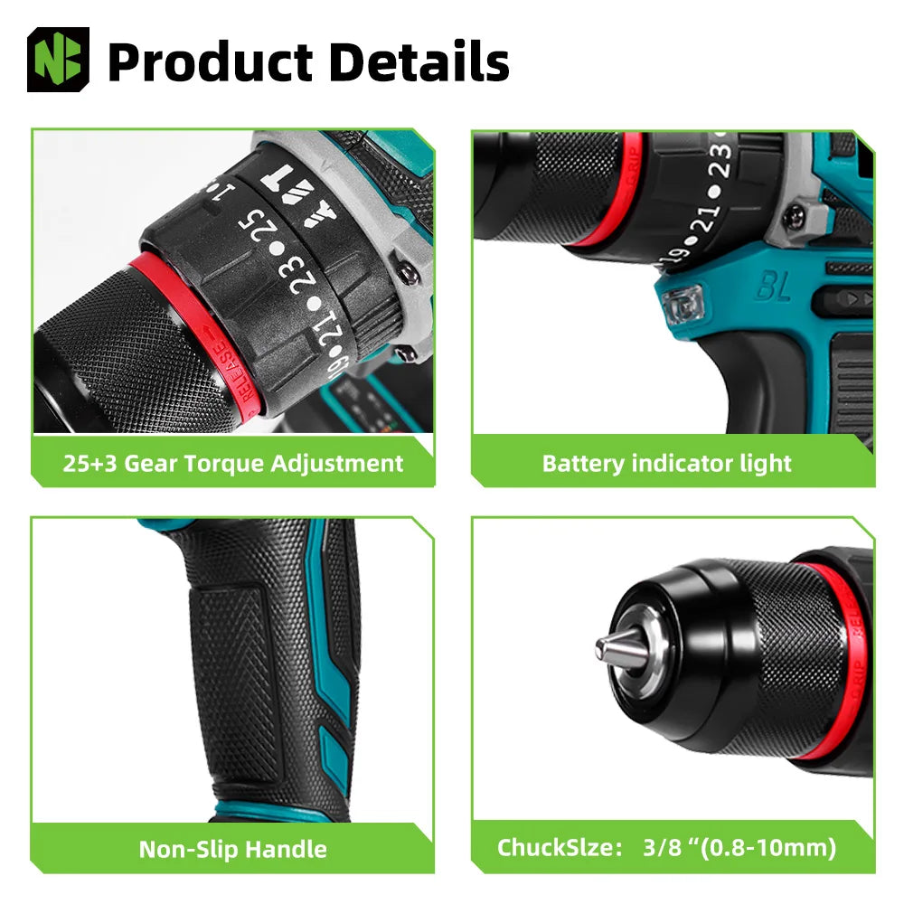 NEWBENY 80N.M 25 + 3 Drehmoment Bürstenlosen Bohrmaschine 3IN1 Akkuschrauber Holzbearbeitung Power Tool Für Makita 18V Batterie pin