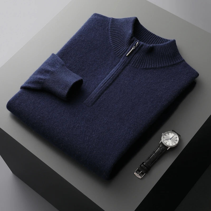 New Half Turtleneck Zipper Men's Pullover 100% Cashmere Sweater Solid Color Casual Versatile Wool Sweater Men's Clothing