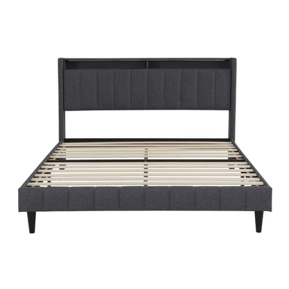 Lazyspace gepolstertes Doppelbett, Bettgestell 160/140 x 200 cm, Kopfteil mit Stauraum, USB-Aufladung und LED-Licht, keine Matratze