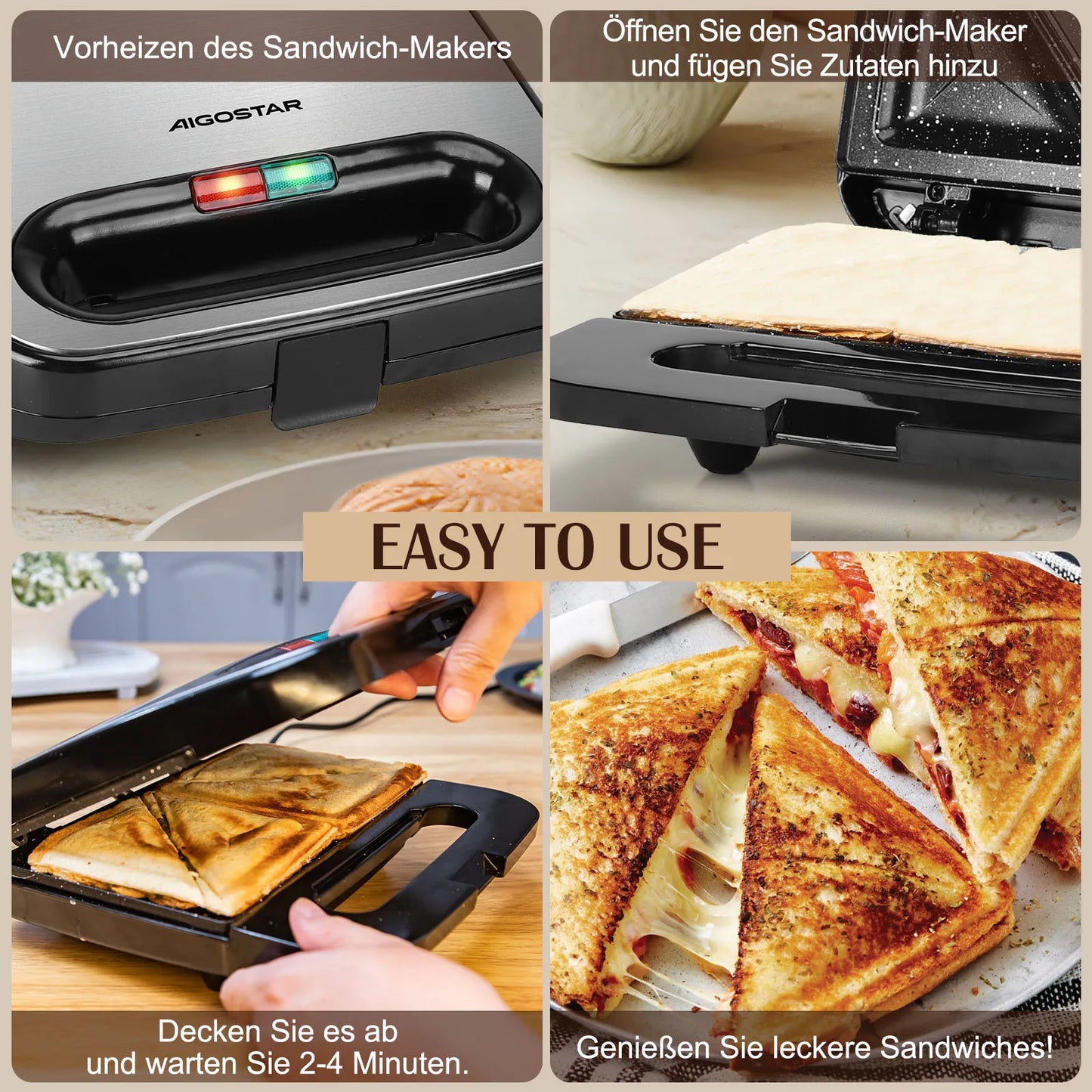 Aigostar - Toaster for 2 Sandwiches, Toaster Plate with Non-Stick Ceramic Coating, Automatic Temperature Control 180-200°C, Indi.