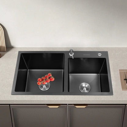 Schwarzer Wassertank, spritzwassergeschützt, schwarzes King Kong-Doppelwaschbecken, langlebig, mit Start- und Seifenspender