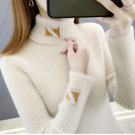 Hoher Kragen Pullover Pullover Frauen Nerz Brief Jacquard Unterlage Solide Western Stricken Unterwolle Herbst Winter Pullover Pullover